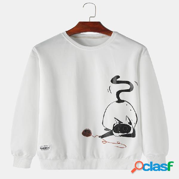 Dibujos animados para hombre Gato Logo estampado Casual Crew