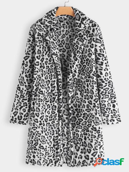 Escudo de leopardo gris cuello manga larga gabardina de piel