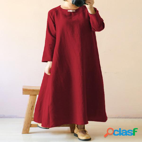 Flog Button Solid Color Long Sleeves Casual Dress For Women