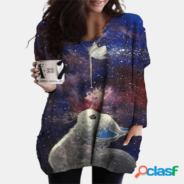 Galaxy Gato Estampado con cuello en V Manga larga Plus Talla