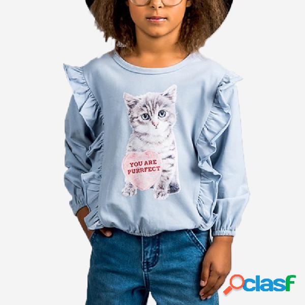 Gato Camiseta casual estampada con mangas voladoras para