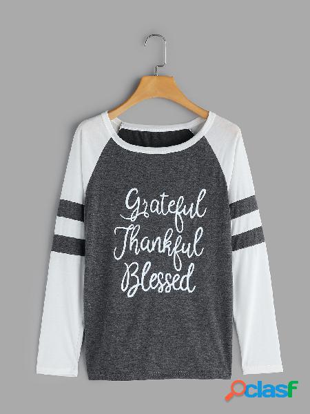 Grey Letter Round Neck Long Sleeves T-shirts
