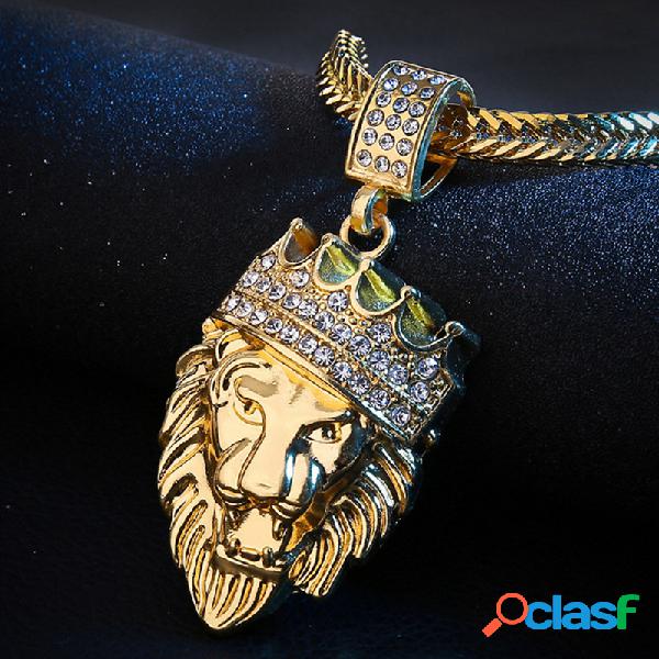 Hip Hop Lion Head Collar de oro Rhinestone Metal Colgante