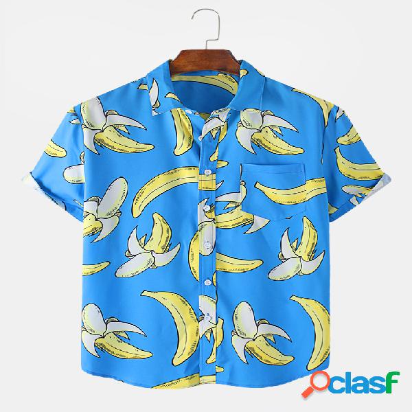 Hombre Fun Banana Print Hawaii Playa Holiday Casual Camisa