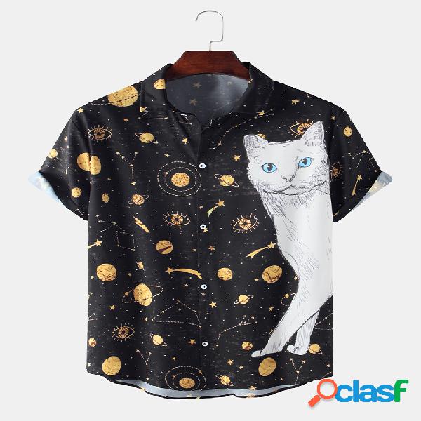 Hombre Fun Star & Gato Print Casual Camisa