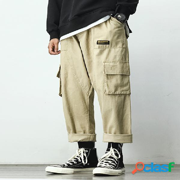 Hombres Amekaji Style Elastic Waist Multi-Pocket Pantalones
