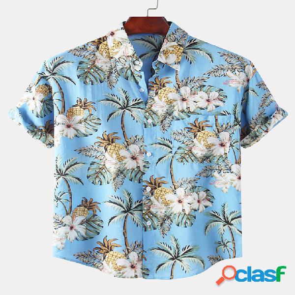 Hombres Coco Tropical Print Soft Casual Solapa Camisa