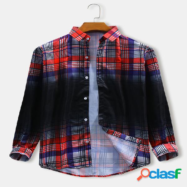 Hombres Colorful Plaid & Black Ombre Print Casual Loose