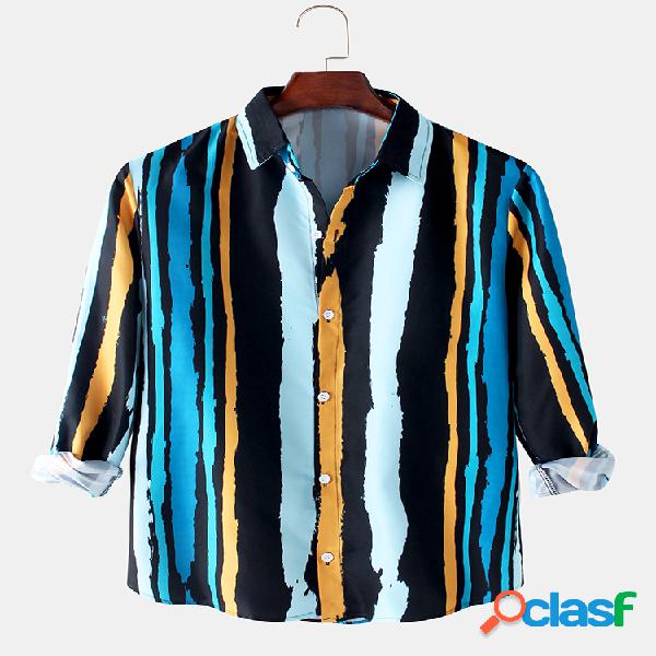 Hombres Colorful Stripe Print Button Up Loose Fit Casual