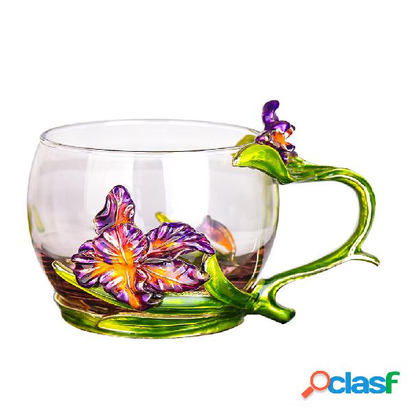 Iris Flower Tea Cup Taza de cristal elegante Esmalte
