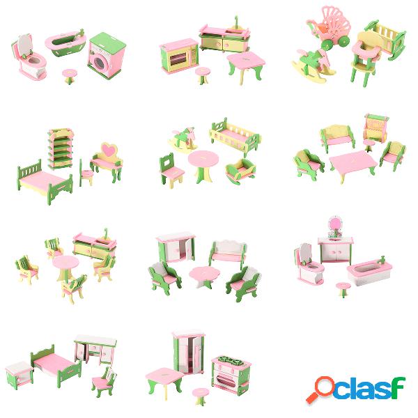 Juego de 10 muebles de madera en miniatura para niños, casa