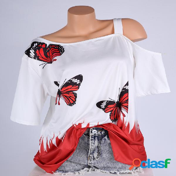 Mariposa casual impreso camisetas de hombro para mujeres