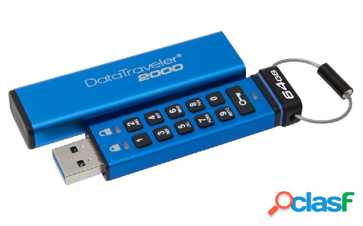 Memoria USB Kingston DataTraveler 2000, 64GB, USB 3.0, Azul