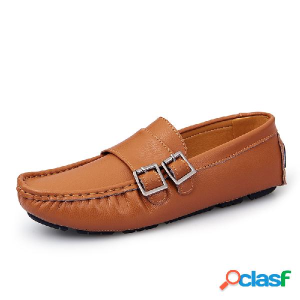 Men Cow Leather Non Slip Metal Slip On Loafers Casual
