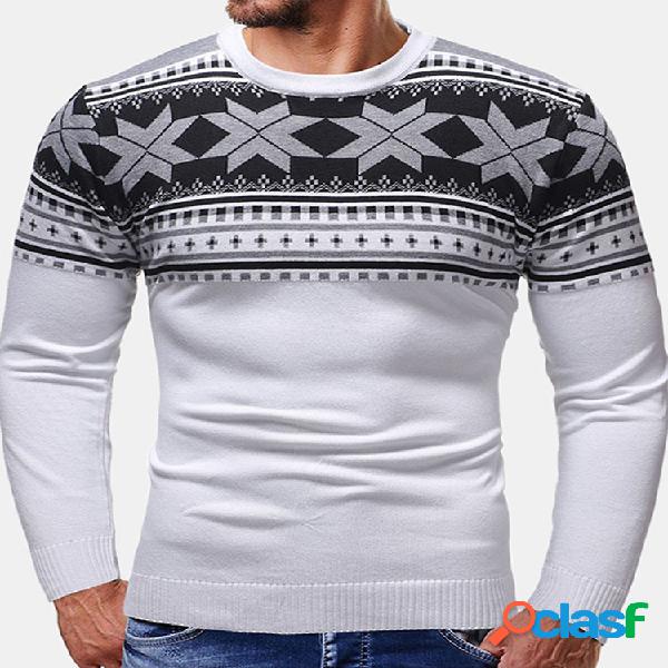 Mens Christmas Snowflake Printing Patchwork Long Sleeve Crew