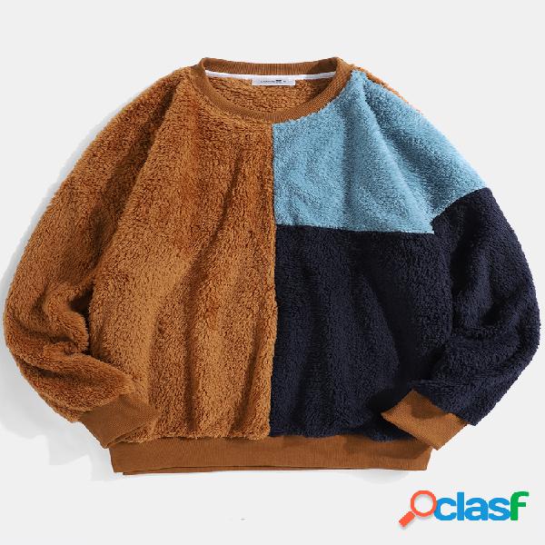Mens Color Block Patchwork Fluffy Plush Loose Pullover Teddy