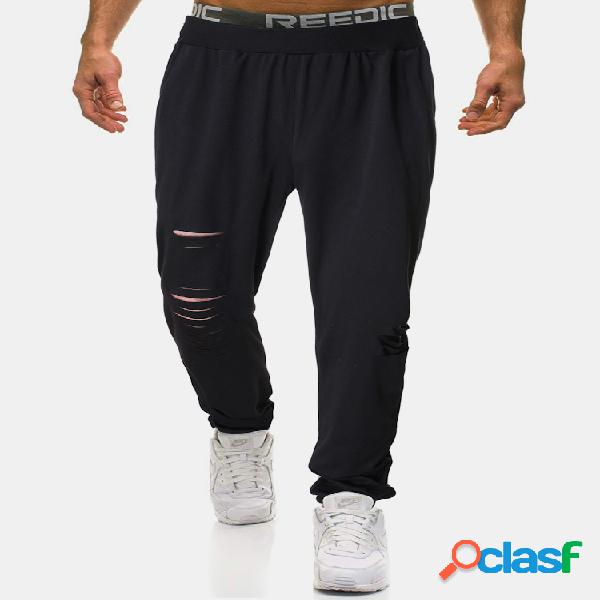 Mens Color sólido Ripped Casual Sport Transpirable Thin