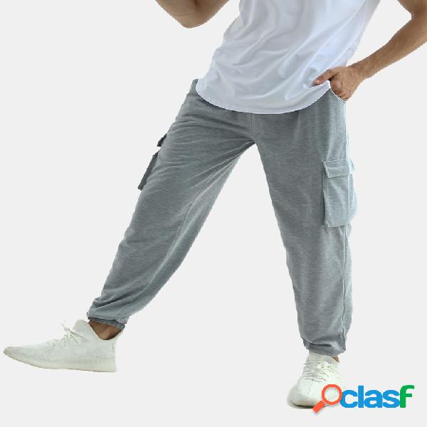 Mens Cotton Plain Side Pocket Loose Fit Sport Casual Elastic