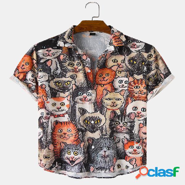 Mens Halloween Allover Funny Gato Print Casual Loose Fit