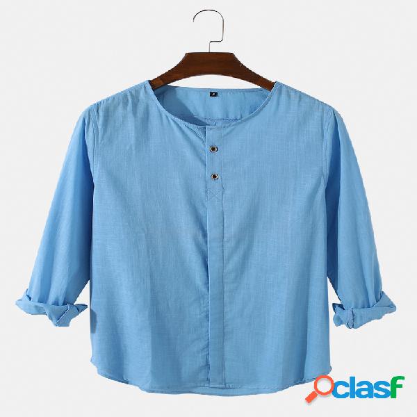 Mens Solid Color Cotton Linen Long Sleeve Henley Shirts With