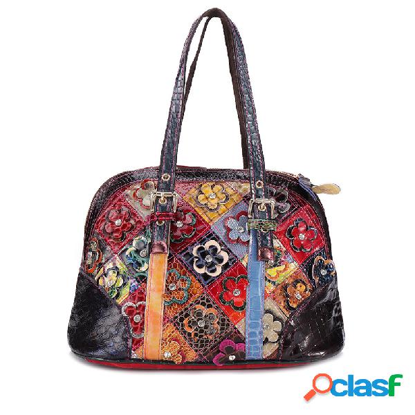 Mujer Floral Bohemio Piel Genuina Bolsos Shell Gran