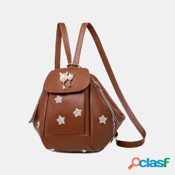 Mujer Multi-carry Star Gato Mochila causal de perlas