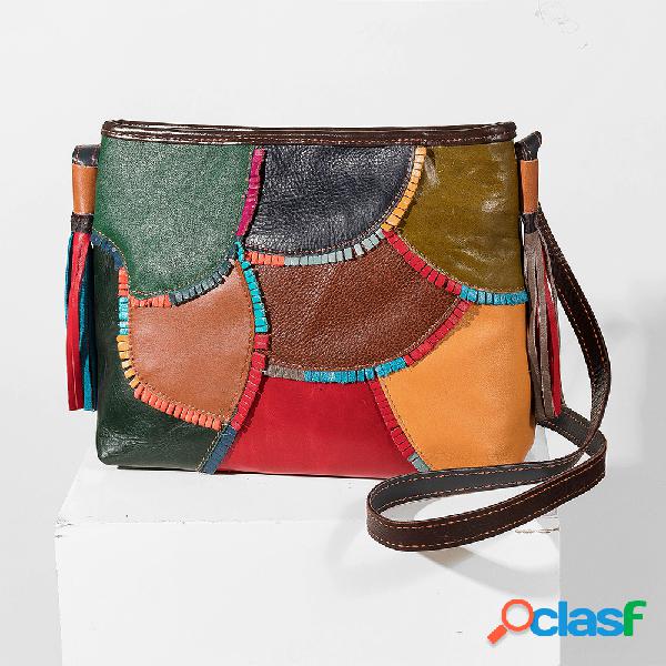 Mujer Patchwork vendimia Piel Genuina Crossbody Bolsa