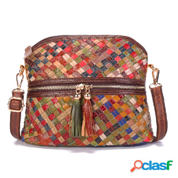 Mujer Piel Genuina Weave Zipper Shell Crossbody Bolsa Hombro