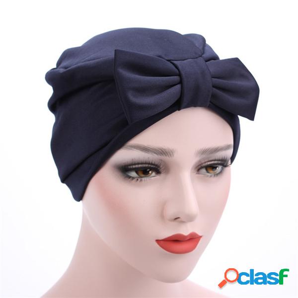 Mujer Satin Solid Color Big Bowknot Beanie musulmán