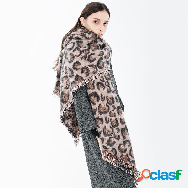 Mujer bufanda de mezcla de lana de leopardo borla de estilo