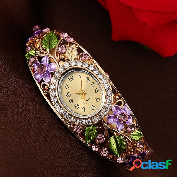 Mujeres de lujo Cloisonne Flower Gold Watch Classic Crystal