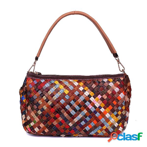 Multi-colors Weave Piel Genuina Bolso de hombro Bolsa