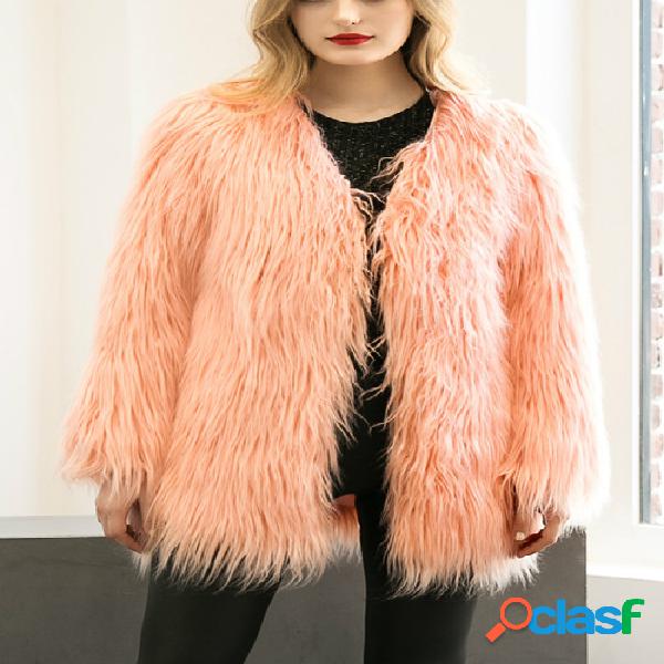 Peach Pink Fashion Long Sleeves Artificial Fur Longline Coat