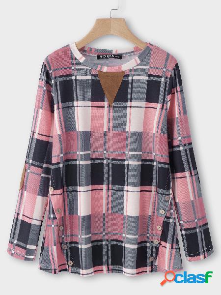 Pink Buttons Grid Long Sleeves Camisetas de moda