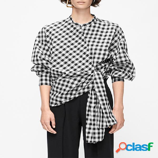 Plaid Cinturón Blusa de manga larga con dobladillo