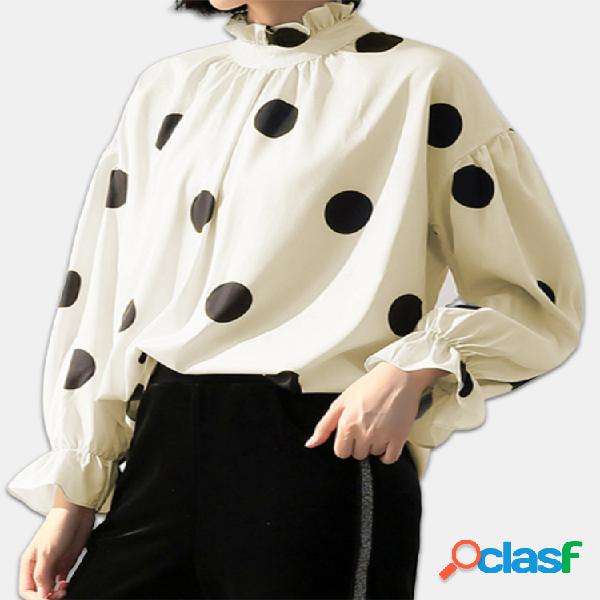 Polka Dot Ruffle Cuello Obispo Manga Plus Tamaño Blusa