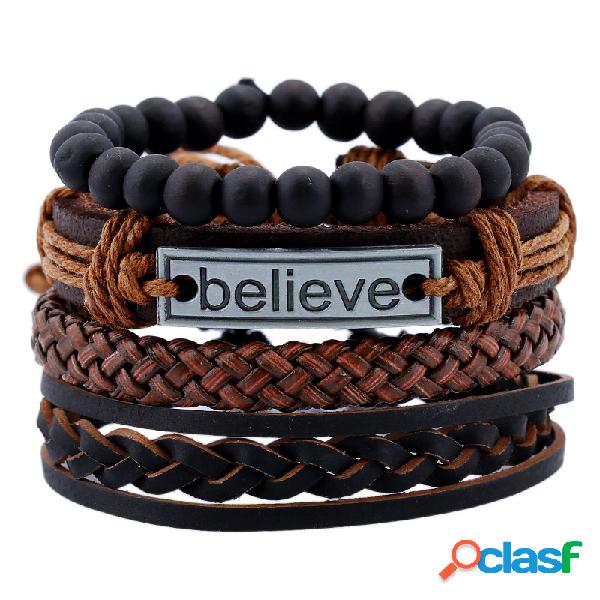 Pulsera de cuero Vintage Believe Words Charm Multilayer