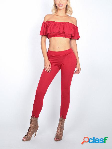Red Off Shoulder Flounced Diseño Bare-midriff Co-ords