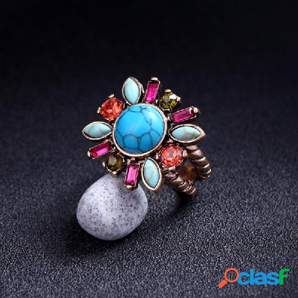 Retro Turquesa anillo de flores Colorful Rhinestone Mujer