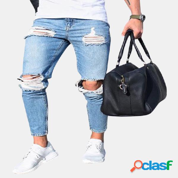 Ripped Stylish Low Waist Skinny Washed Blue Jeans para
