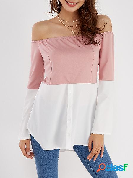 Rosa y blanco de hombro de manga larga T-shirt