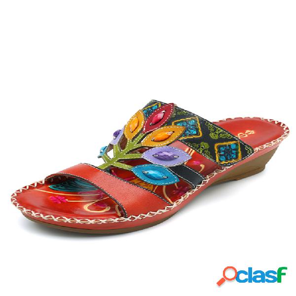 SOCOFY Sandalias a mano bohemias de cuero con velcro