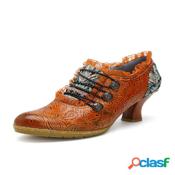 SOCOFY Zapatos vintage clásicos de cuero de tacón medio