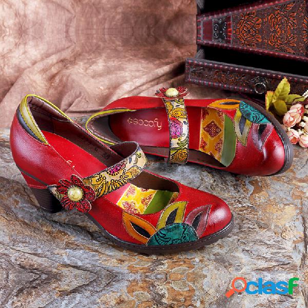 SOCOFY Zapatos vintage de cuero con velcro