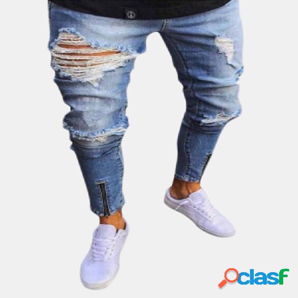 Skinny Stylish Ripped Zipper Diseño Jeans para hombres