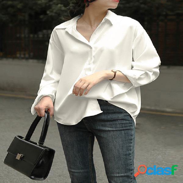 Solapa Color sólido Plus Talla Casual Camisa para Mujer