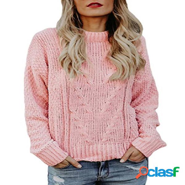 Suéter casual de cuello redondo de color liso para mujer