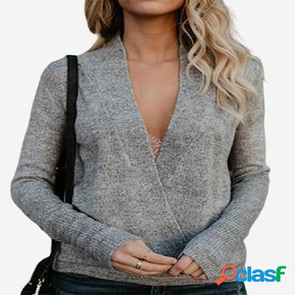 Suéter cruzado de manga larga de color liso para Mujer