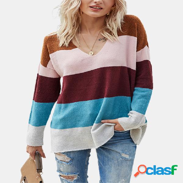 Suéter de punto de color de contraste informal con cuello