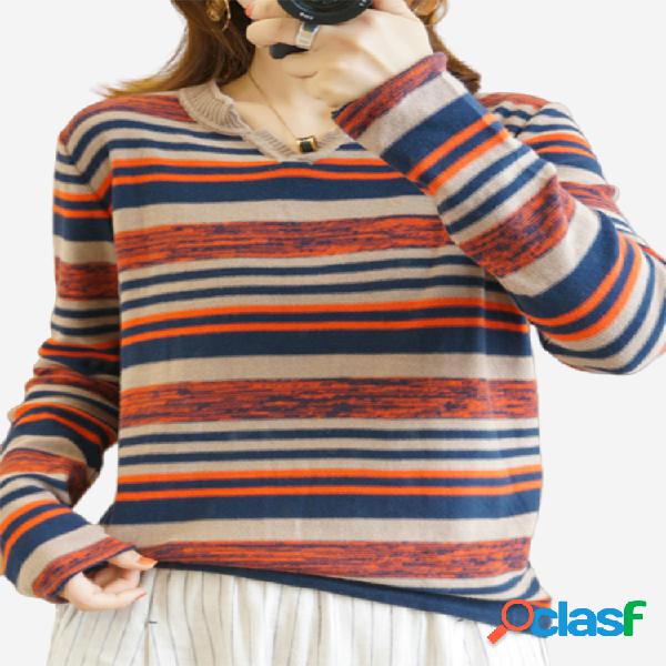 Suéter suelto de punto de rayas de manga larga para mujer